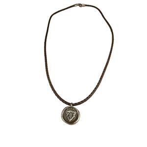 Gucci Sterling Silver Woven Black Leather Crest Tag Pendant Necklace